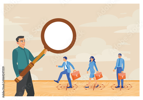 Job vacancy concept. Employer boss or HR use magnifying glass to choose job interview people