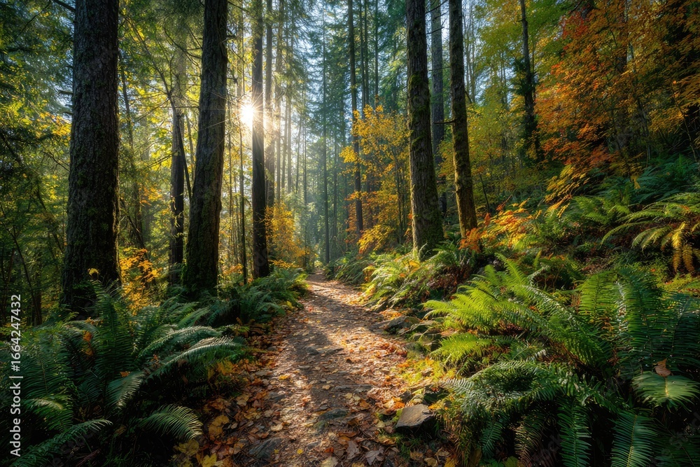 Fototapeta premium Sunlight streams through a fall forest trail