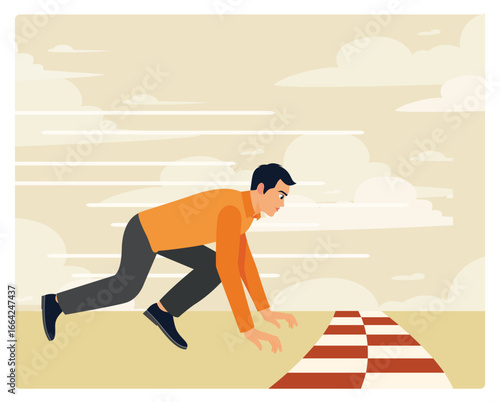 Ready to start business concept. Man in Running Position at Starting Line Ready for Competition.