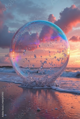 Wallpaper Mural Surreal Soap Bubble with Water Droplets on Beach at Vibrant Sunset Sky
 Torontodigital.ca
