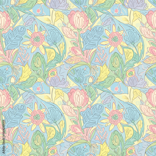 Seamless Pattern, Pastel floral pattern with stylized blossoms and foliage in a seamless repeat design Stock royalty free.