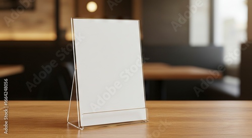 An acrylic menu holder with a blank white card stands on a wooden table in a blurred restaurant setting