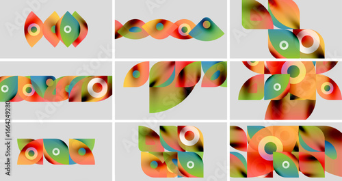Abstract colorful shapes arranged in grid. Overlapping forms create dynamic visual patterns. Bright hues dominate composition.