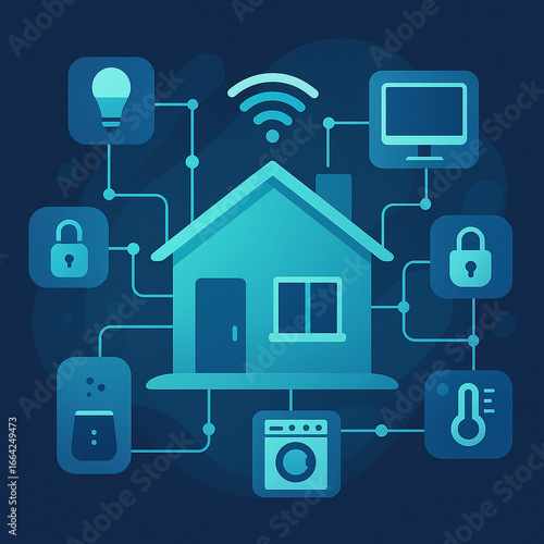 Illustration of a smart home system connected with different devices on a dark blue background on transparent background