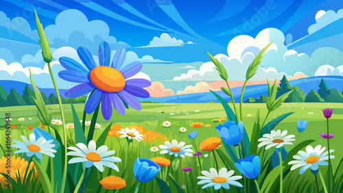 Vector art of vibrant summer landscape with daisies and blue flowers under a sunny sky, perfect for a peaceful and relaxing vacation getaway