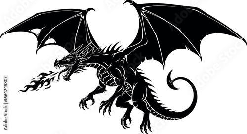 Black Silhouette of Fire-Breathing Dragon for Fantasy Art and Tattoo Design