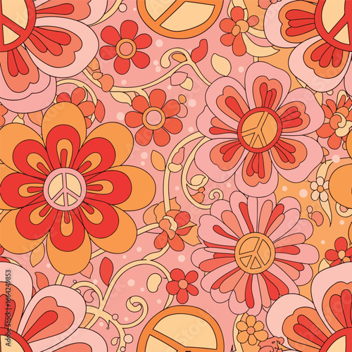 Seamless Pattern, Groovy retro floral pattern with peace signs and psychedelic vintage design Stock royalty free.