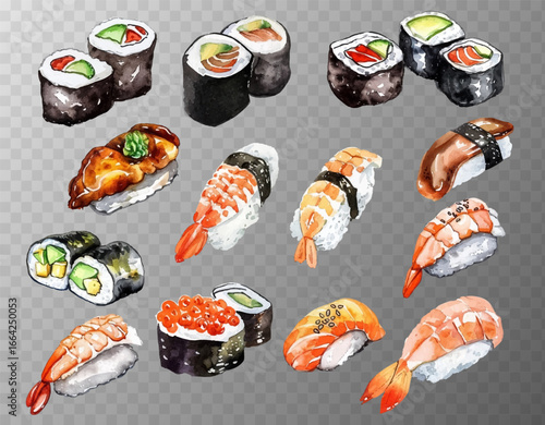 Sushi rolls with avocado, salmon, shrimp, seaweed vector illustration set. Sushi salmon rolls. Perfect for Japanese cuisine menus, restaurant branding.