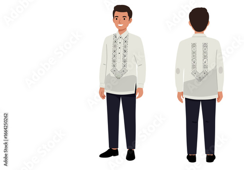 Man Wearing Barong Tagalog, Traditional Filipino Attire, Front and Back View