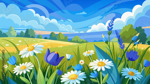 Vector art of idyllic spring landscape with blooming daisies and wildflowers in a green field under a blue sky, perfect for a peaceful and tranquil scene