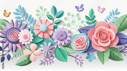 Vector art of delicate floral paper cut arrangement, featuring pastel flowers, leaves, and butterflies, creating a soft and elegant design for various occasions