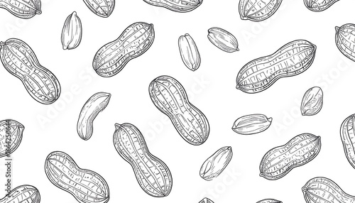 A seamless pattern of detailed hand-drawn peanuts and peanut pods, creating a repeating design with a classic black and white aesthetic.