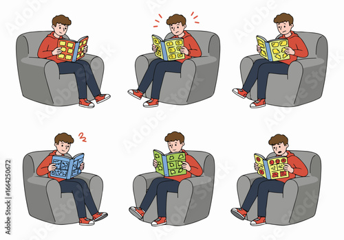 Man reading book in armchair, various expressions