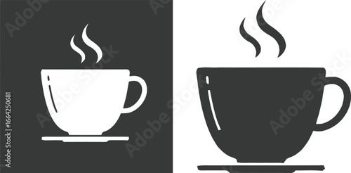 Two contrasting silhouette icons of a steaming coffee cup on a saucer in black and white