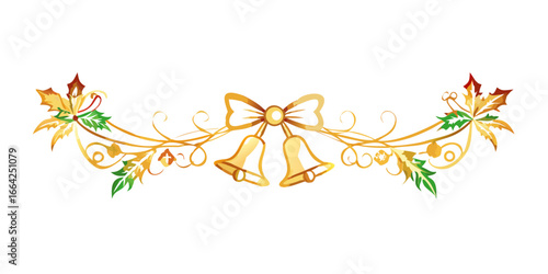 Golden Christmas bells with holly leaves and swirls