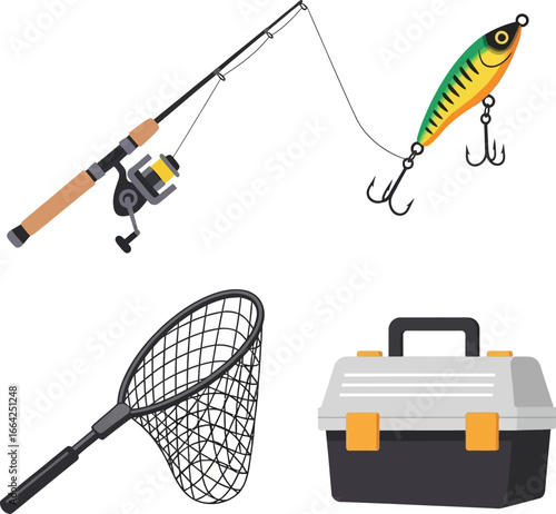 Illustration depicting fishing equipment, including a rod, lure, net, and tackle box.