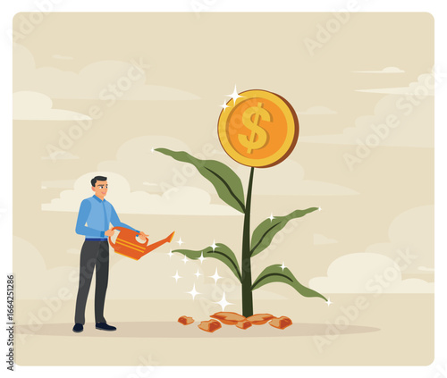 Financial or investment growth concept, Investor finish watering growing money plant.