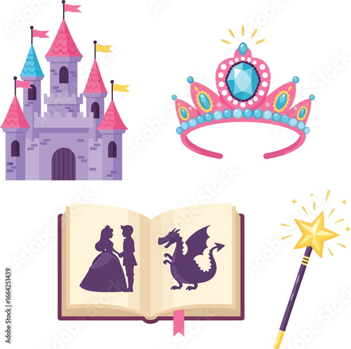 Colorful illustration featuring a fairytale castle, crown, storybook, and magic wand.