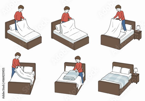 Man making bed with bedding in a bedroom