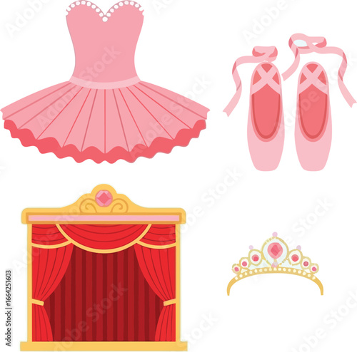 Ballet themed illustration featuring a pink tutu, pointe shoes, a stage with red curtains, and a tiara.