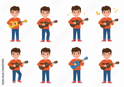 Boy playing ukulele in various poses