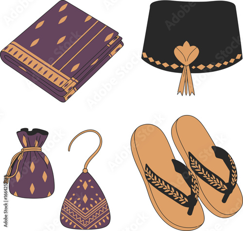 Illustration depicting a folded cloth, a hat, a small bag, a hook, and a pair of sandals.