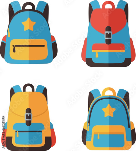 Four colorful backpacks in a flat design style, suitable for school or travel, arranged in a square format.