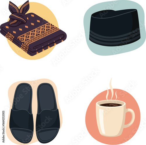 Four colorful icons depicting traditional Indonesian clothing and accessories, including a scarf, hat, slippers, and a cup of coffee.
