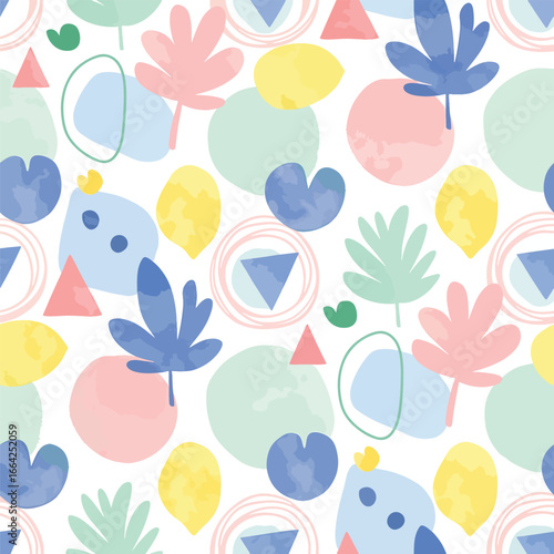 Seamless Pattern, Playful watercolor pattern featuring abstract shapes and botanical elements in soft pastel hues Stock royalty free.