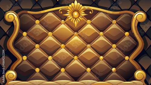 Vector art of elegant quilted leather headboard with golden frame and buttons for luxury furniture design and decoration, vintage style background
