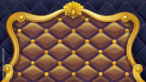 Vector art of elegant quilted leather headboard with golden frame and buttons for luxury furniture design and decoration, vintage style background
