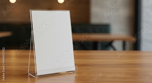 Blank white menu or sign in a clear acrylic holder on a wooden table in a blurred restaurant setting