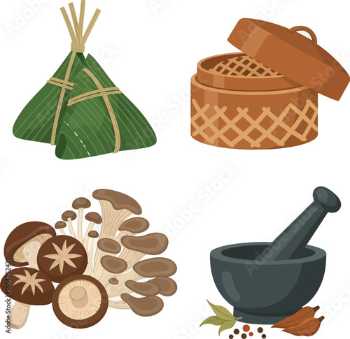 Asian cuisine ingredients and cooking tools, including zongzi, mushrooms, and a mortar and pestle.