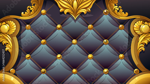 Vector art of elegant blue quilted headboard with golden frame, luxurious texture and classic design, perfect for adding a touch of royalty to any interior