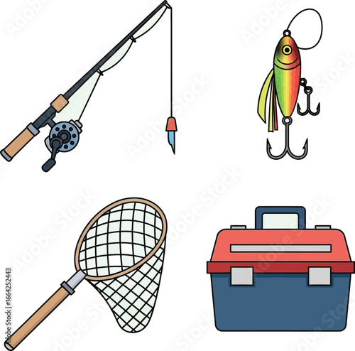 Fishing gear essentials: rod, reel, lure, net, and tackle box.