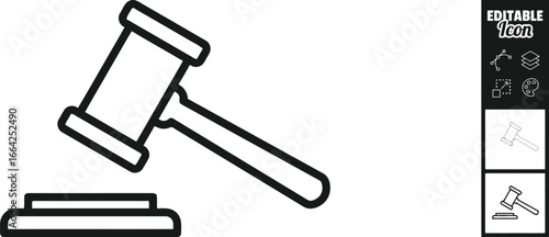 Simple line art icon of a gavel and sounding block representing justice and law