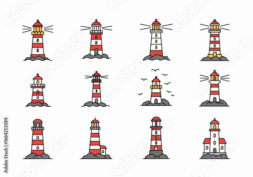 Coastal lighthouses collection in a line art style