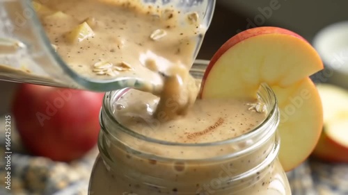 Pouring smoothie into a jar with apple slices
