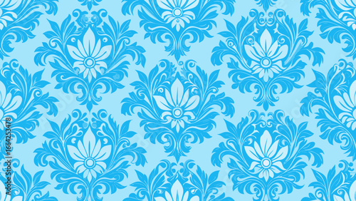 Vector art of seamless damask pattern in shades of blue, a vintage floral design with decorative ornament, perfect for wallpaper, fabric, or textile projects
