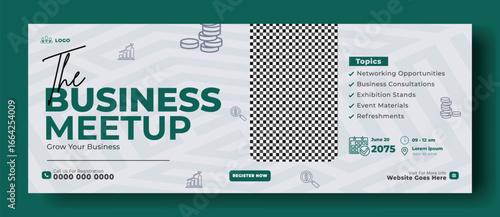 Business Startup Banner with Smiling Businessman and Financial Icons for Advertising
