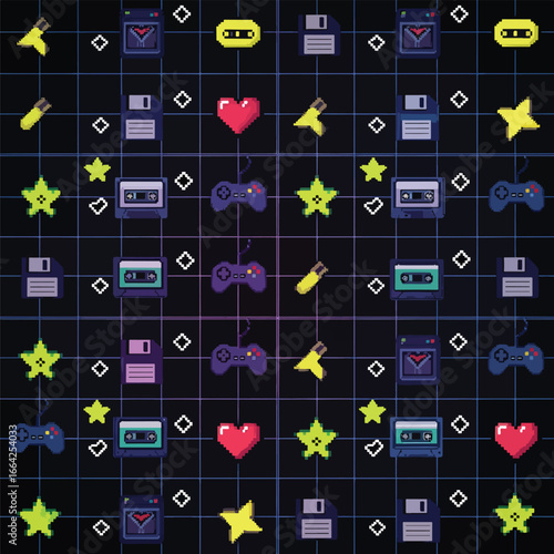 Seamless Pattern, Retro gaming pattern features pixelated game controllers and floppy disks design Stock royalty free.