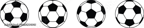 Four stylized soccer balls in a row showing different perspectives and motion
