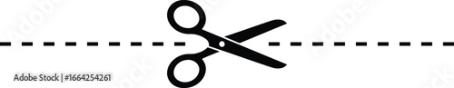 Black silhouette of scissors cutting a dashed line across a white background