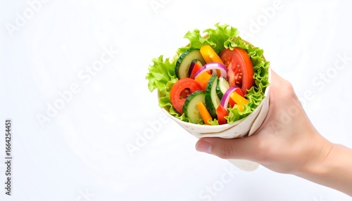 A hand holding a fresh vegetarian vegetable wrap filled with lettuce, tomato, and cucumber against a clean white background with copy space for text