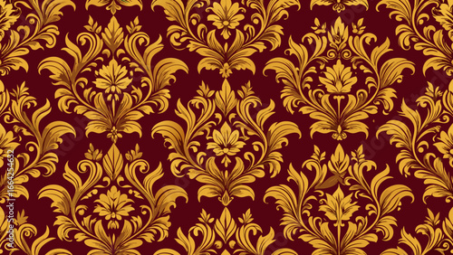 Vector art of elegant seamless damask pattern on a deep red background, ideal for creating sophisticated and timeless designs with a vintage touch