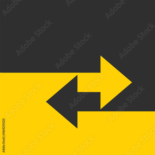 Two arrows are directed in different directions. Template comparison black and yellow  line design. In and Out. Glyph icon isolated on yellow background. Vector illustration flat style.