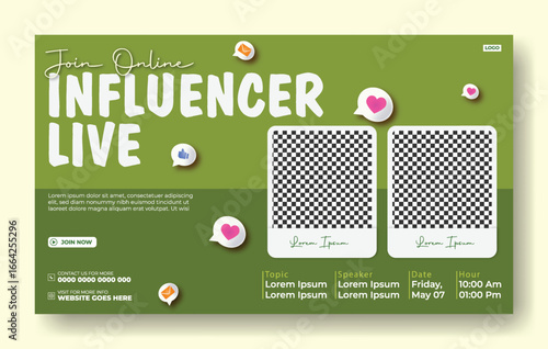 Online Influencer Live Event Template with Speakers and Date on Green Background