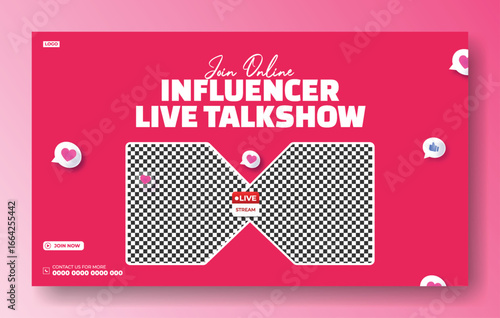 Online Influencer Live Talkshow Promotion with Two Speakers on a Pink Background