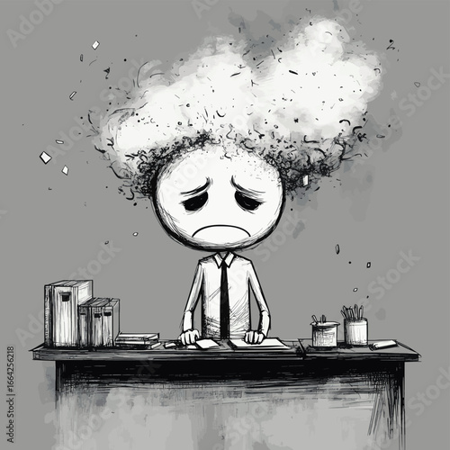 Cartoon stick man drawing conceptual illustration of businessman or manager standing angry behind his desk and steam or smoke coming from his head or ears