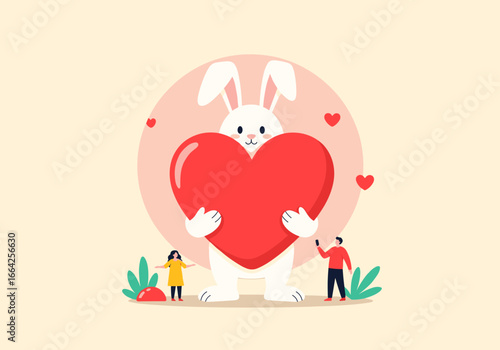 Adorable giant white rabbit holding a big red heart between two small people and plants
